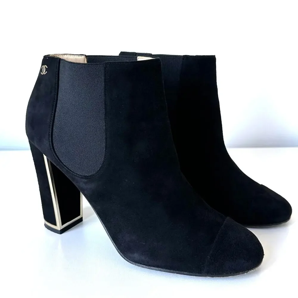 CHANEL Black Suede Gold Logo Chelsea Heel Ankle Boots IT 39.5